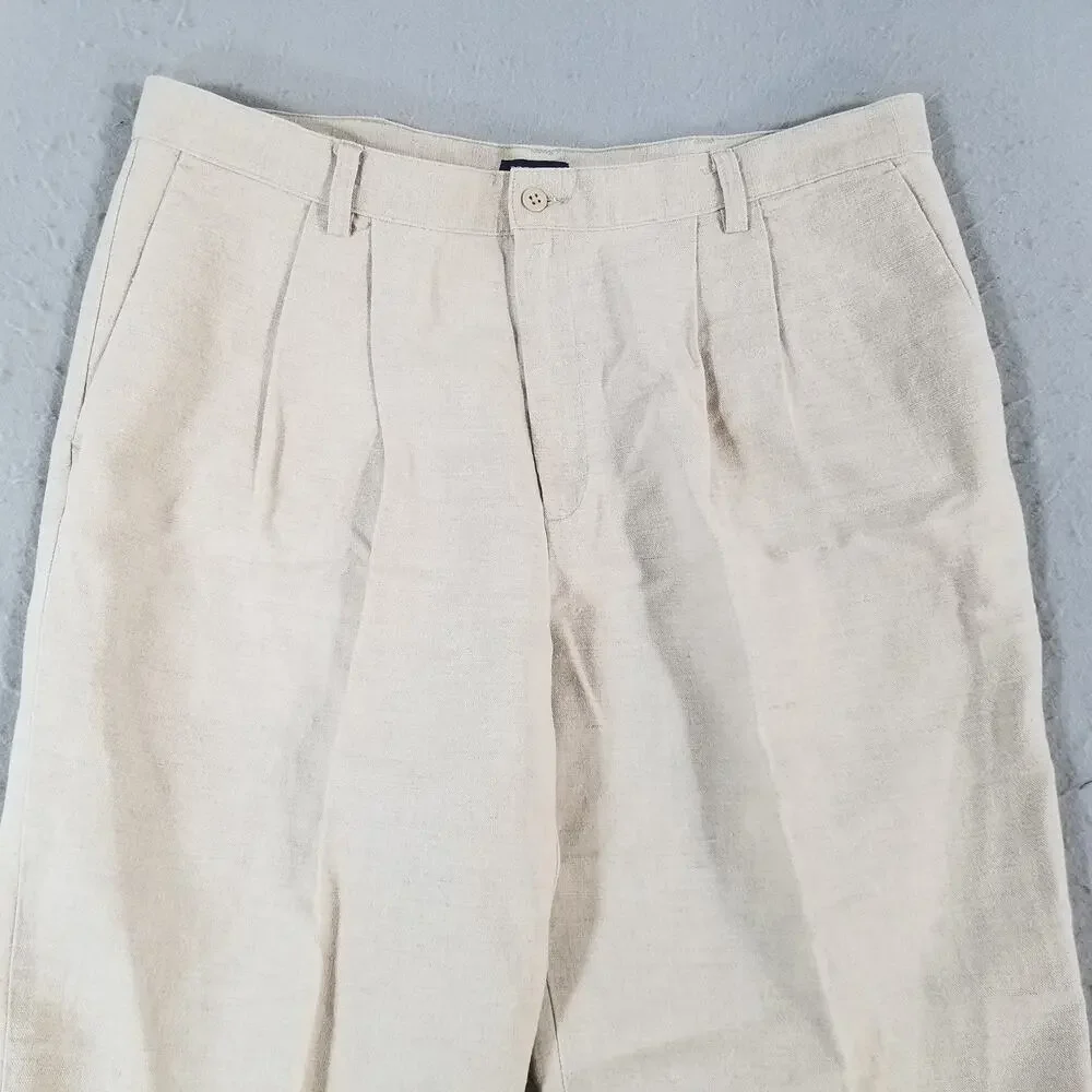 Dockers Pants Mens 40x29 Beige Linen Blend Classic Pleated Casual Dress Trousers